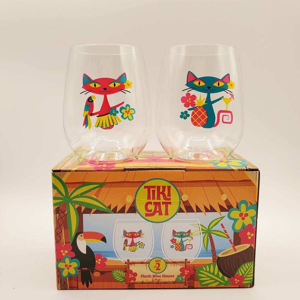 Tiki Cat Plastic Wine Glasses Set of 2